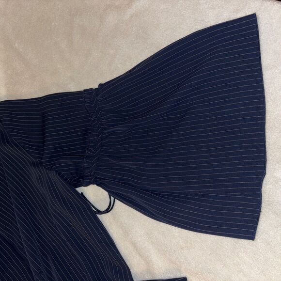Lane Bryant Navy Pinstripe Bell Tie Sleeve Blouse Keyhole Office Preppy A - Picture 5 of 7